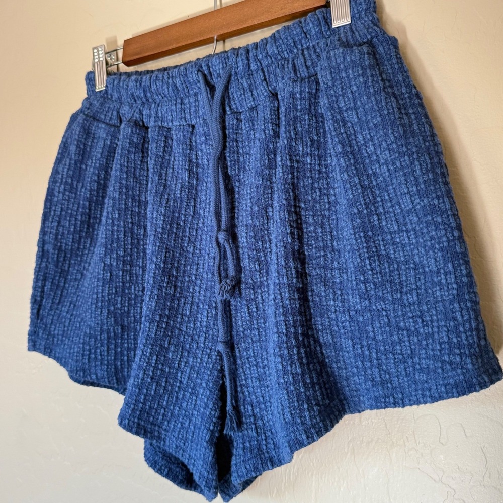 Free People Beach Shorts Womens S Blue Excellent Waffle Knit Drawstring Boho